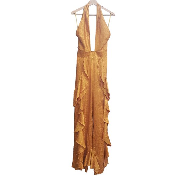 One33 Social Jumpsuit Yellow Orange Satin Floral Crossover Halter Ruffles 6 - Picture 3 of 12